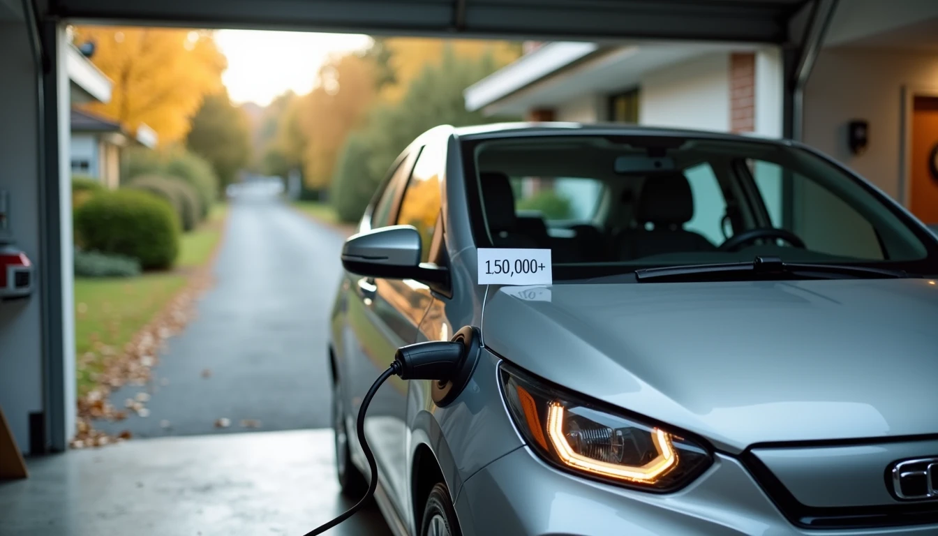 Open garage with silver EV plugged into wall charger and odometer paper visible through window