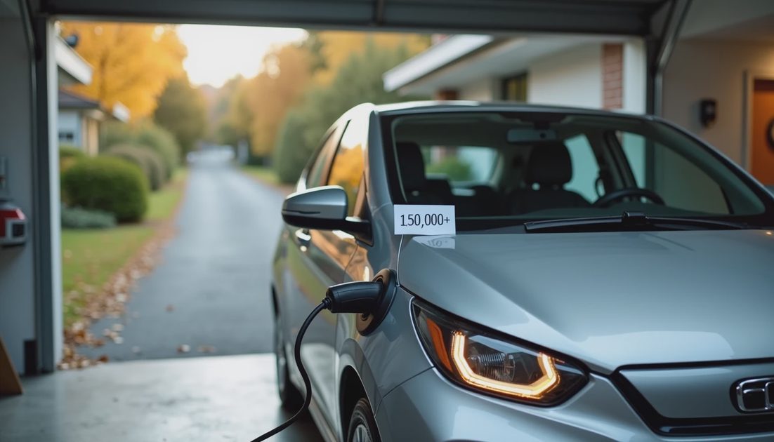 Home Charging High Miles Long Ownership EV Wins Open garage with silver EV plugged into wall charger and odometer paper visible through window