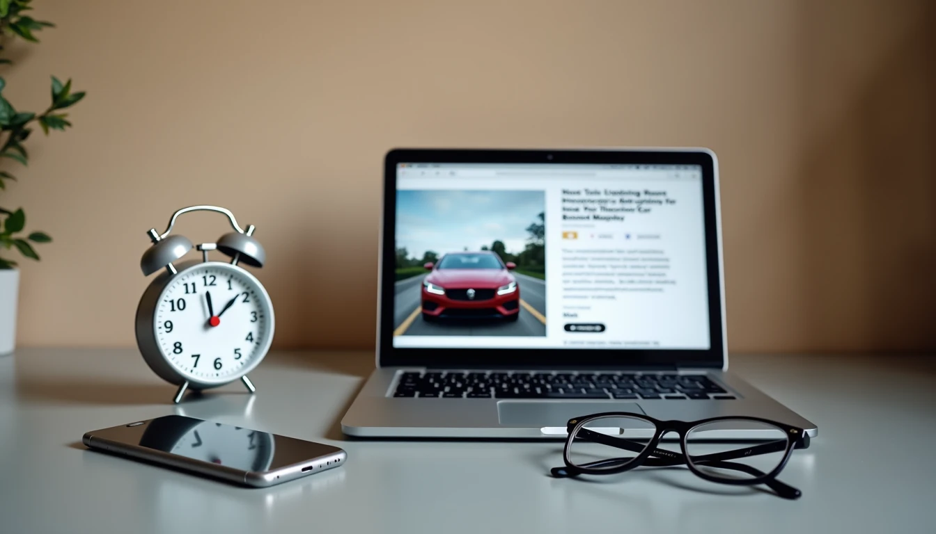 Laptop showing used car listing smartphone and kitchen timer set to three minutes with glasses