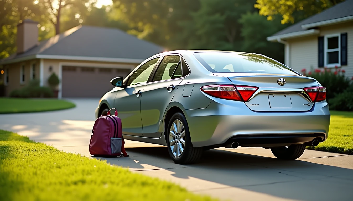 Silver three-year-old sedan parked in driveway with for sale sign on bumper
