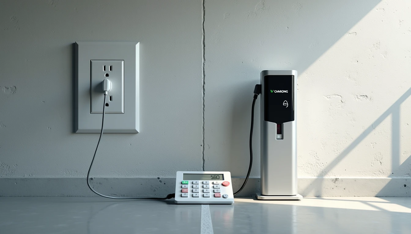 Household outlet with phone cable on one side and public EV charger pedestal on other with calculator