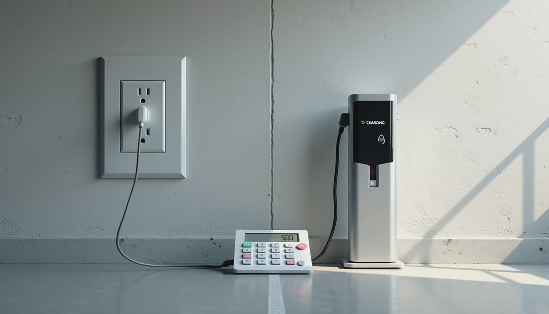 Home Charging Is Cheap Public Charging Is Less Cheap Household outlet with phone cable on one side and public EV charger pedestal on other with calculator