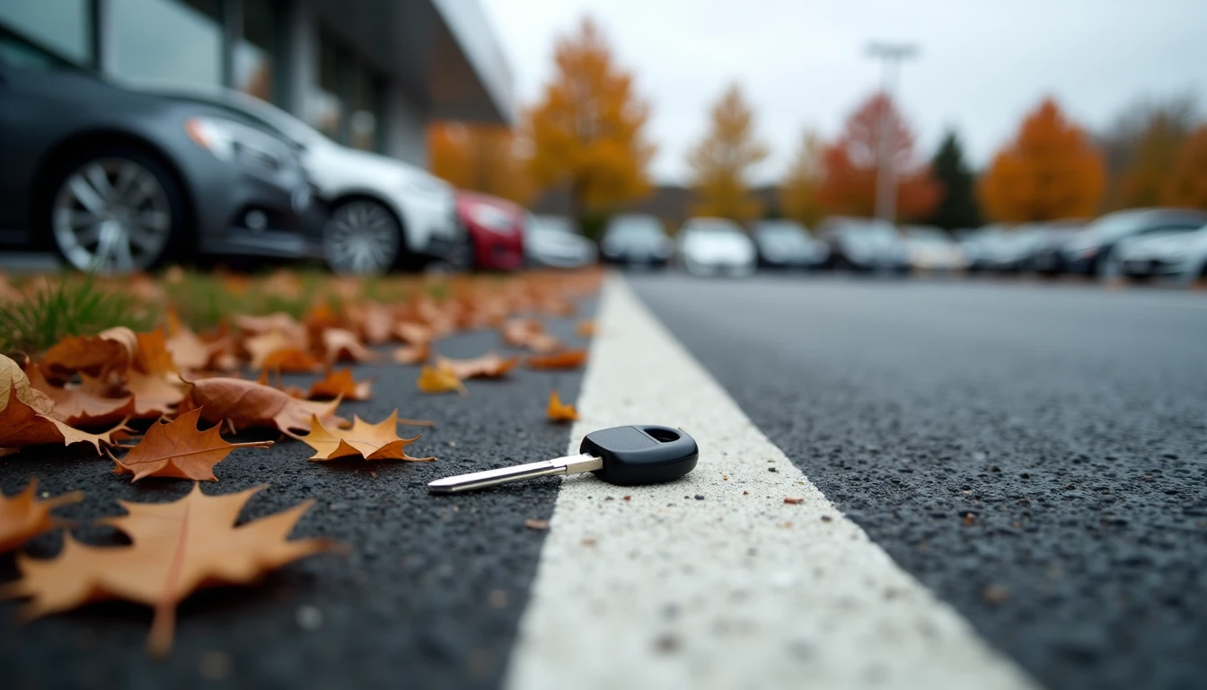Car key lying on dealership parking lot asphalt next to painted line and autumn leaves