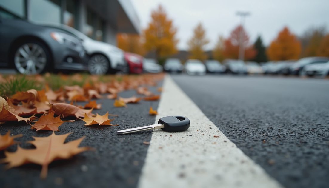 New Means Paying for the Steepest Depreciation Car key lying on dealership parking lot asphalt next to painted line and autumn leaves