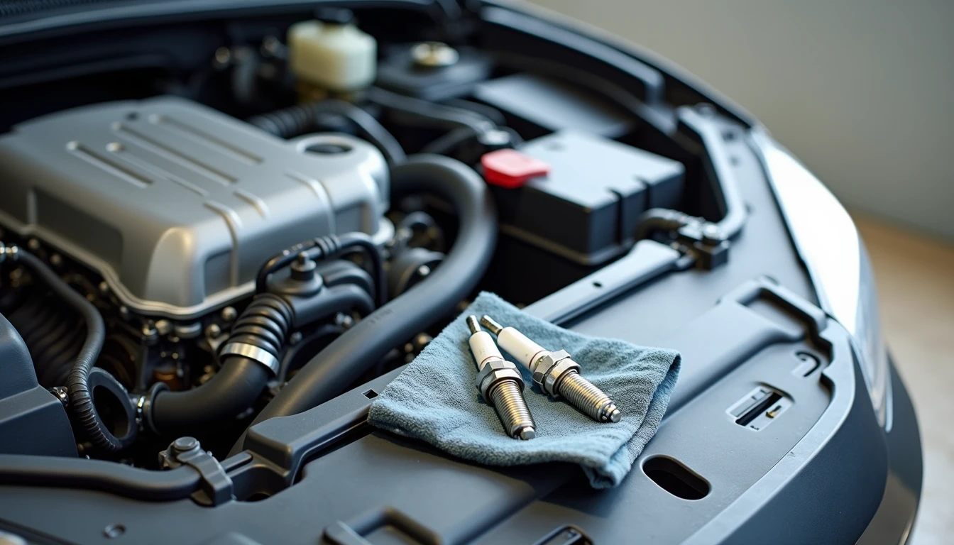 Car engine bay with intake removed exposing spark plugs and new plugs on shop towel nearby
