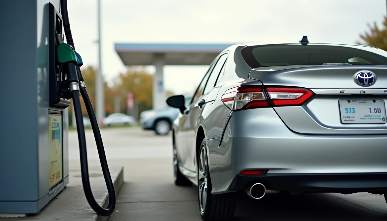 Hybrid sedan parked at gas station with pump nozzle inserted and hybrid badge visible