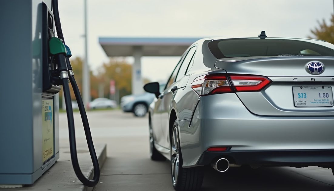 No Charging Logistics Just Fill and Drive Hybrid sedan parked at gas station with pump nozzle inserted and hybrid badge visible