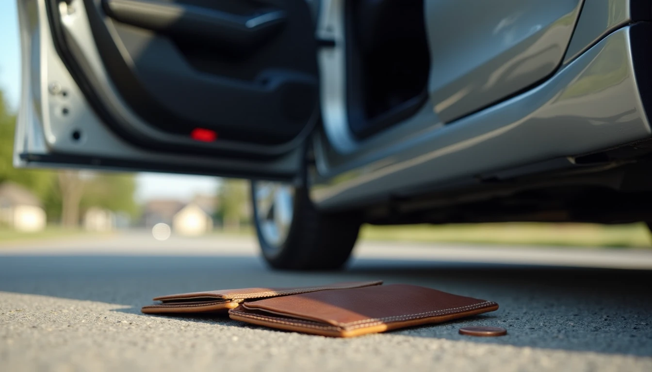 Car driver door open with empty leather wallet and single coin on ground