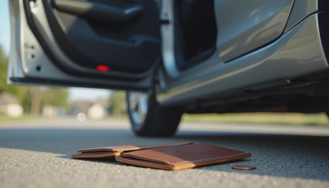 If You Can't Afford 60 Months You Can't Afford the Car Car driver door open with empty leather wallet and single coin on ground