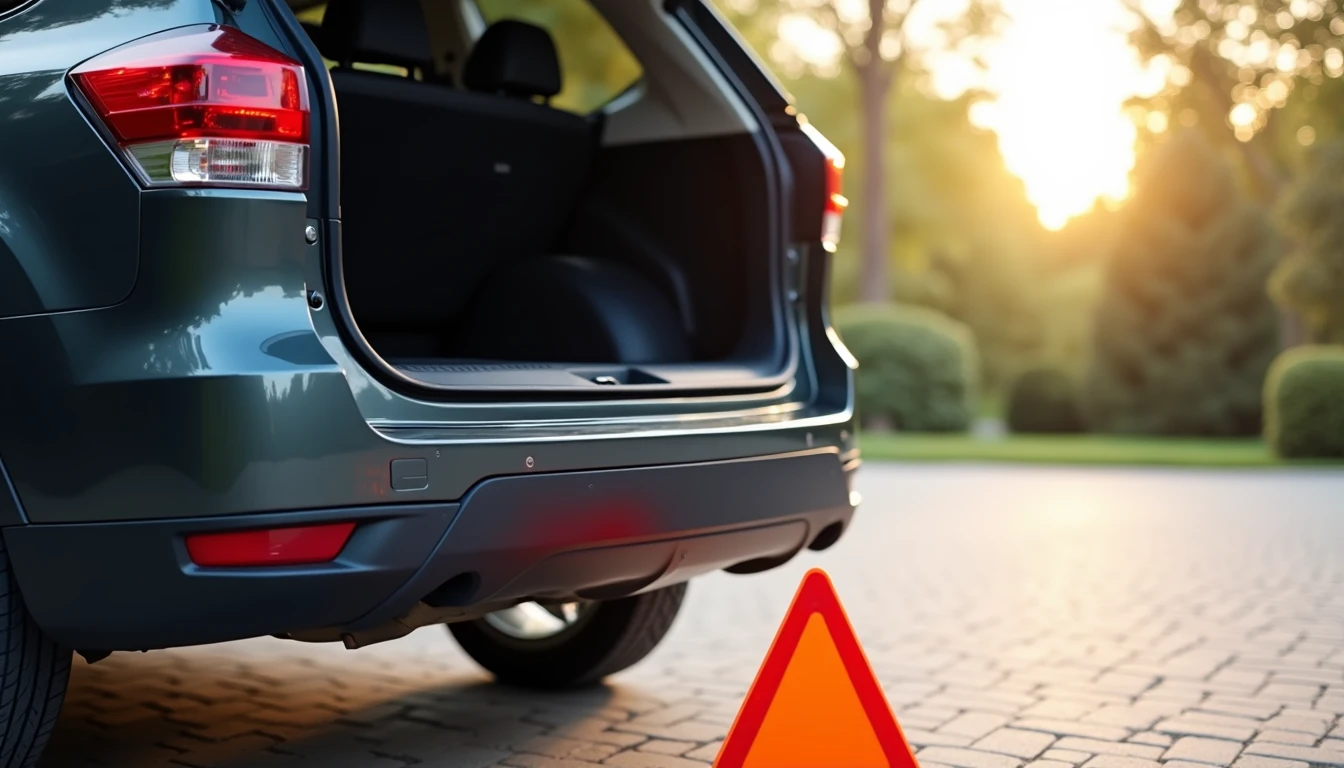 SUV rear with power liftgate partially open and warning triangle on ground