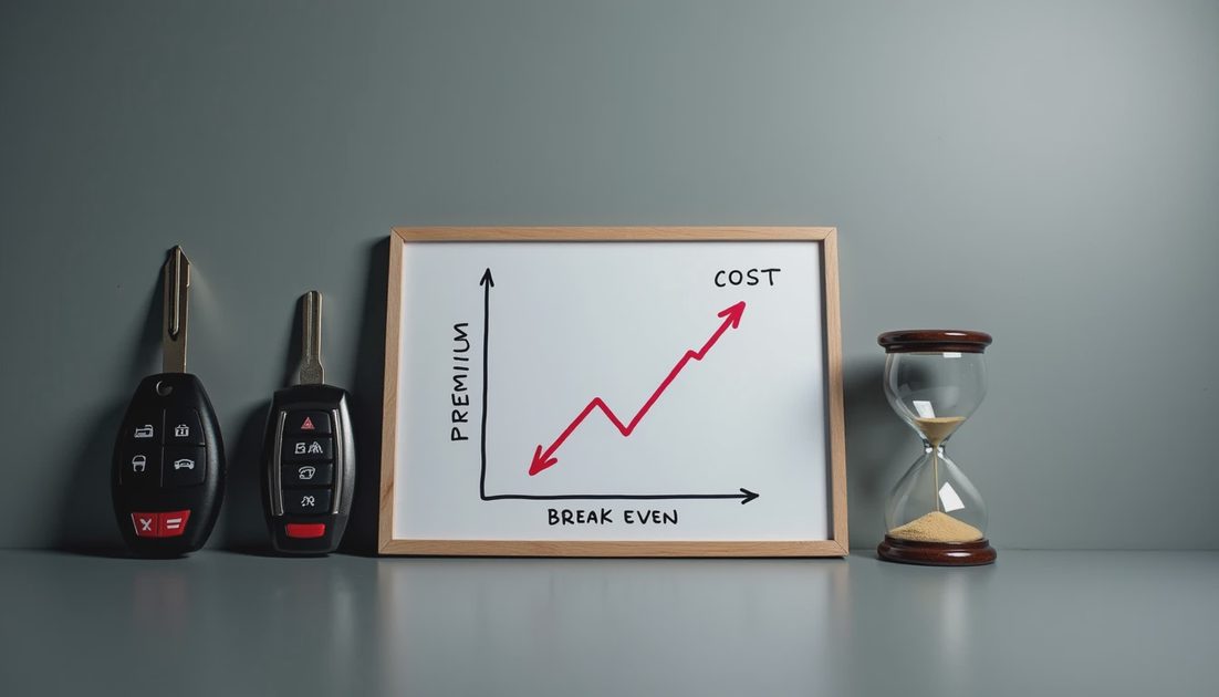 Where One Car Becomes Cheaper Than Another Two car keys with break-even line graph on white board and hourglass