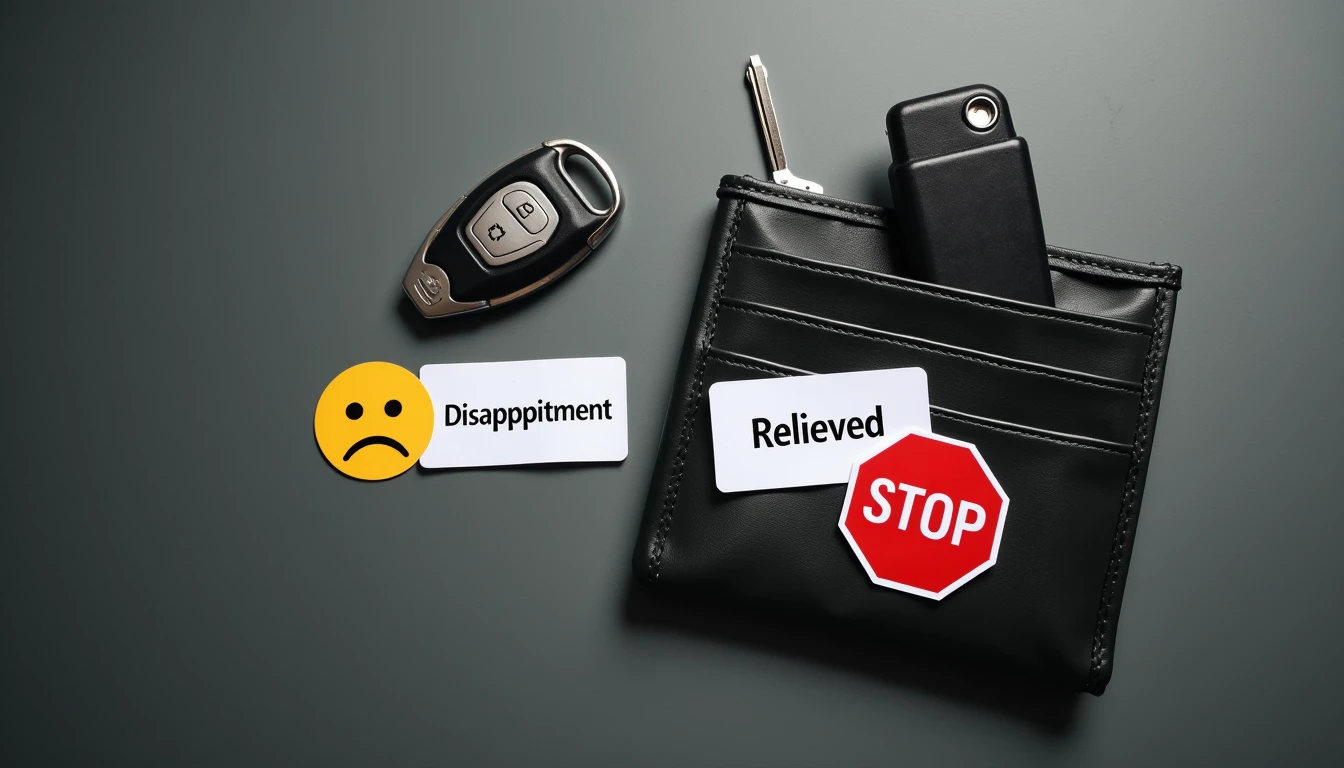 Disappointed face card with car key and relieved face card with empty wallet and stop sign
