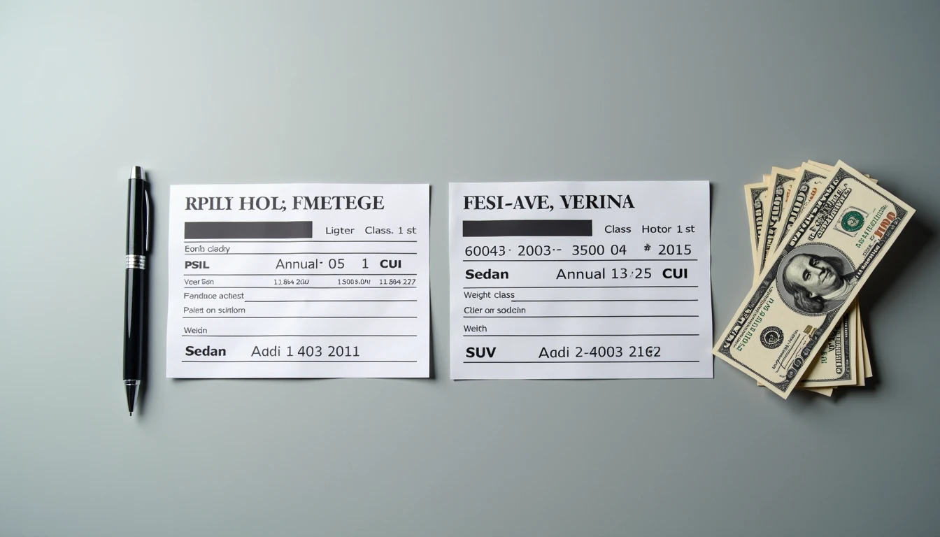 Two registration cards sedan and SUV with pen pointing to weight class and dollar bills next to SUV card