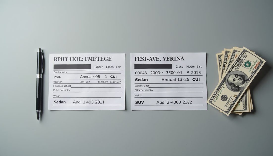 Registration Fees Are Higher for Heavier SUVs Every Year Two registration cards sedan and SUV with pen pointing to weight class and dollar bills next to SUV card