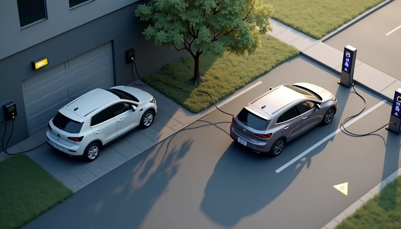Garage with EV wall charger and car plugged in on left and public fast charger with forty minute clock on right