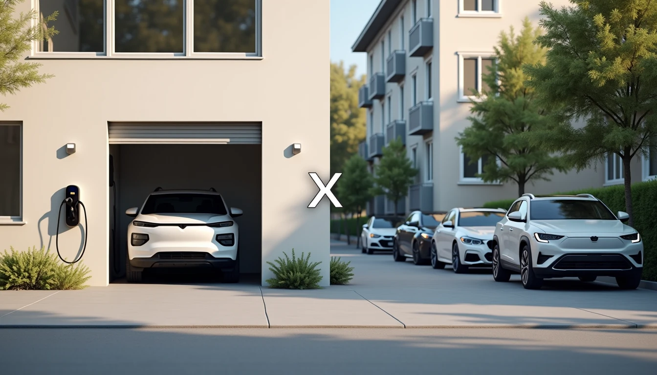 Single garage with wall EV charger on left and apartment with street parking on right with X mark