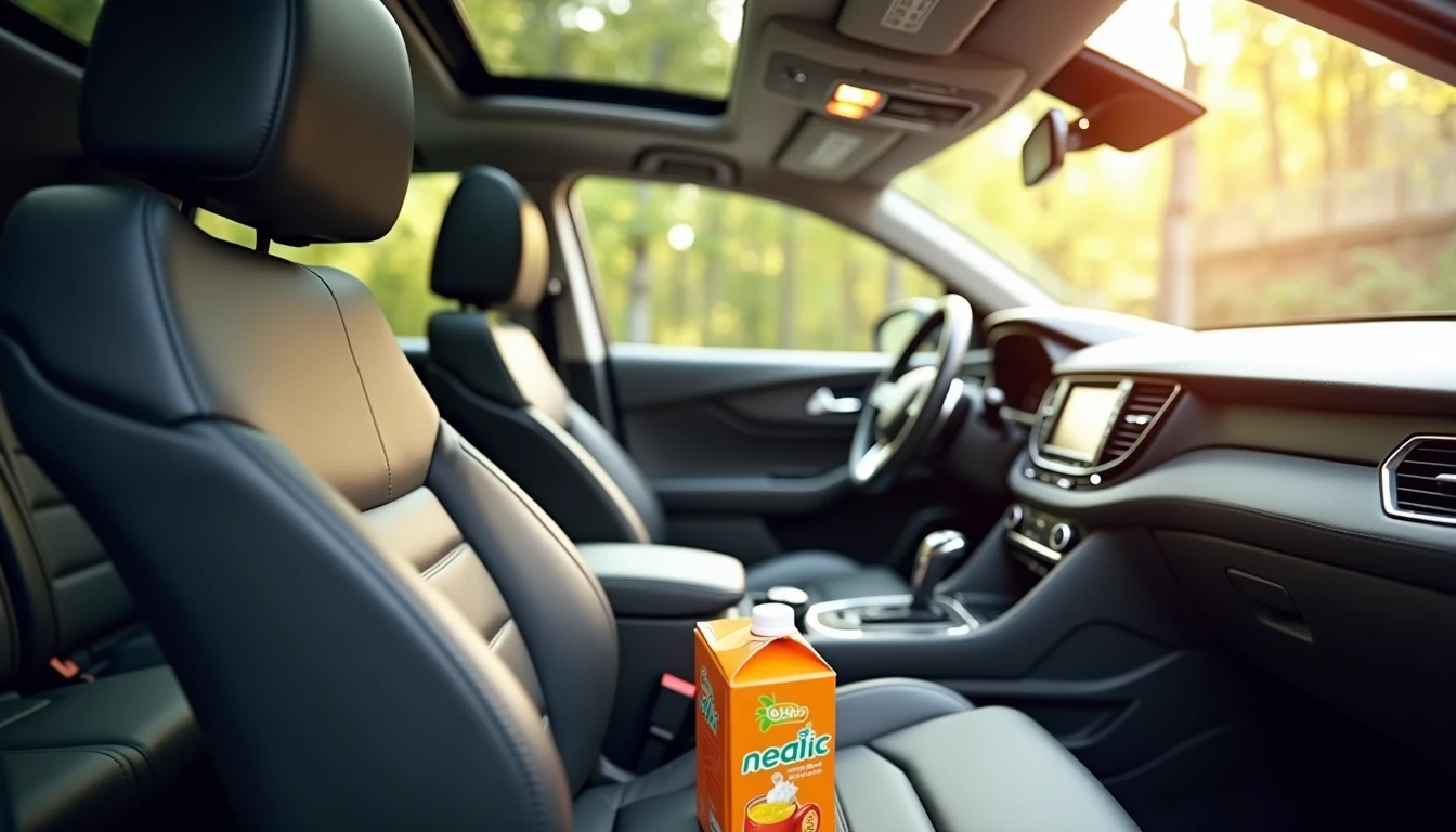 Car interior leather seat with heating button sunroof control and child juice box on seatp