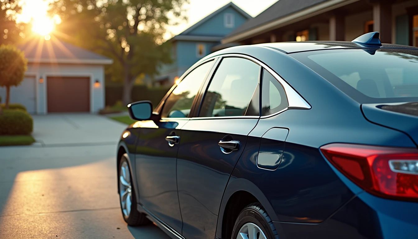 Dark blue top trim mainstream sedan parked in driveway with suburban house background