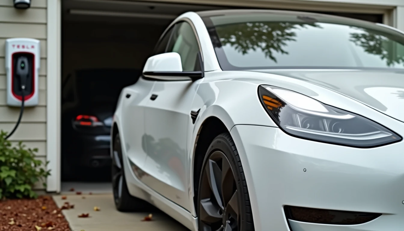 White two year old EV parked in front of house with home charger and discount price tag on mirror