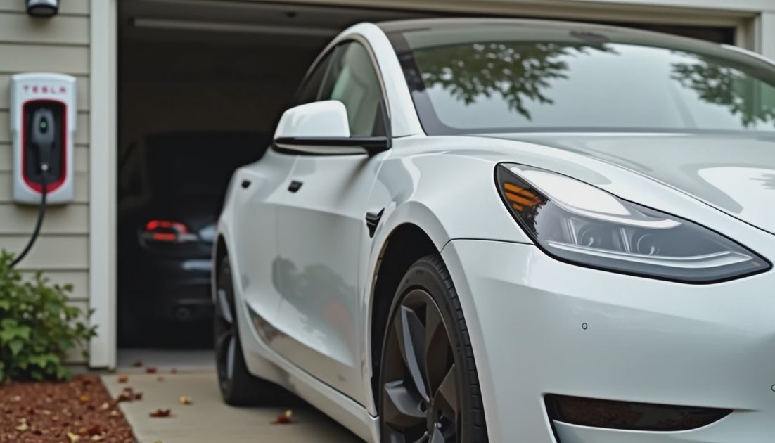 Two to Three Year Old EVs Are a Buyer's Market in 2026 White two year old EV parked in front of house with home charger and discount price tag on mirror