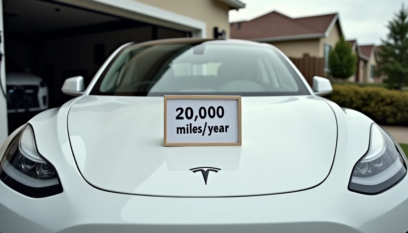 White Tesla Model 3 parked in front of garage with wall charger and odometer sign reading 20000 miles per year