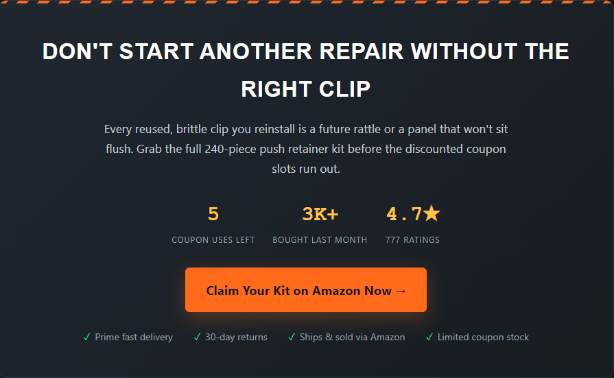 A marketing call-to-action section with a dark background warning not to start repairs without the right clip. It highlights social proof, showing a 4.7-star rating with over 3,000 kits bought last month. An orange button prompts users to claim a limited-stock coupon and buy the kit on Amazon.
