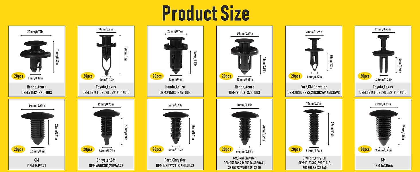 A detailed product size chart with a yellow background showcasing 12 different types of black plastic car retainer clips.