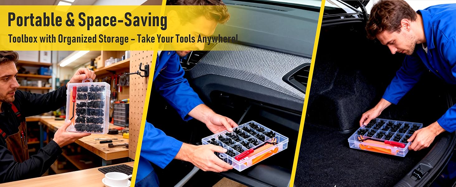 A three-panel banner displaying the portability of a car clip kit. The left section shows a mechanic holding the closed storage box in a workshop. The middle panel shows a person sliding the slim box easily into a car's glove compartment. The right panel shows the kit being placed neatly into the trunk of a car.