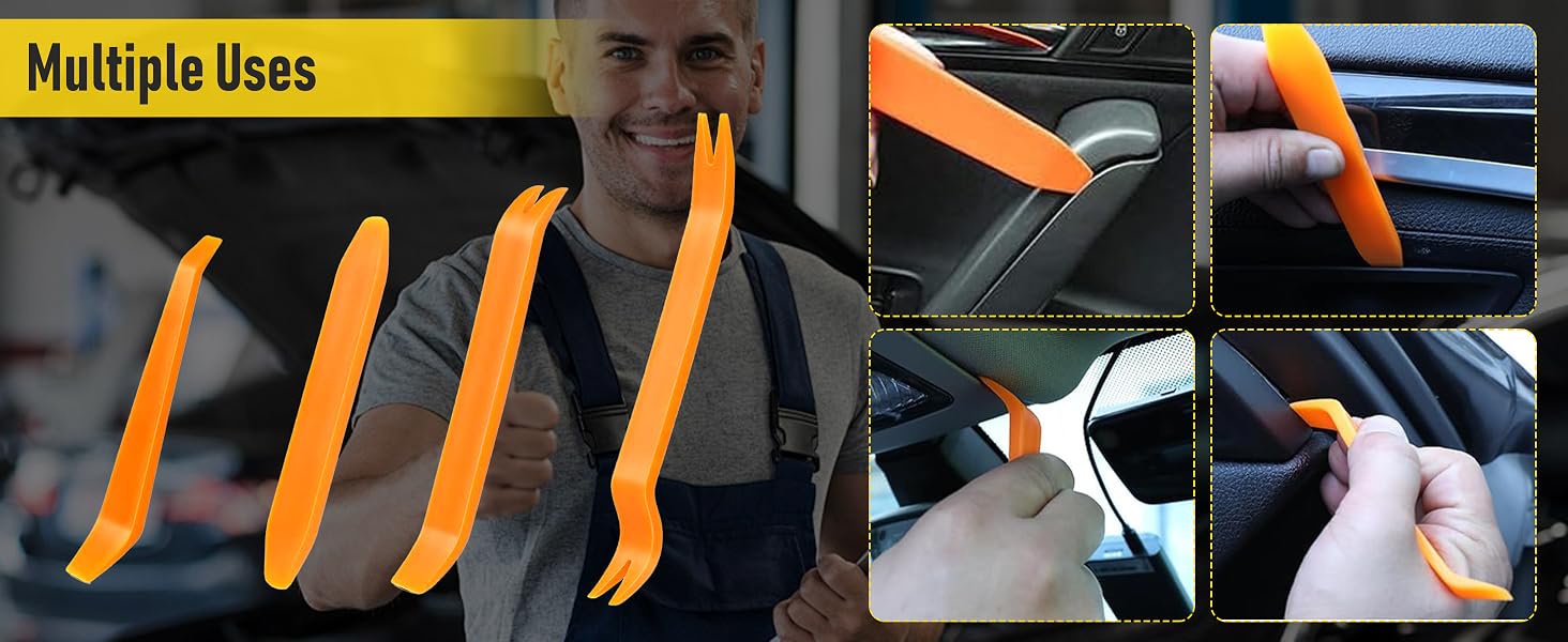 A smiling car mechanic giving a thumbs up behind four different orange nylon pry tools. The right side features four inset photos demonstrating the tools in use, including removing a car door interior panel, prying open window trim, adjusting overhead console plastics, and loosening dashboard components without scratching surfaces.